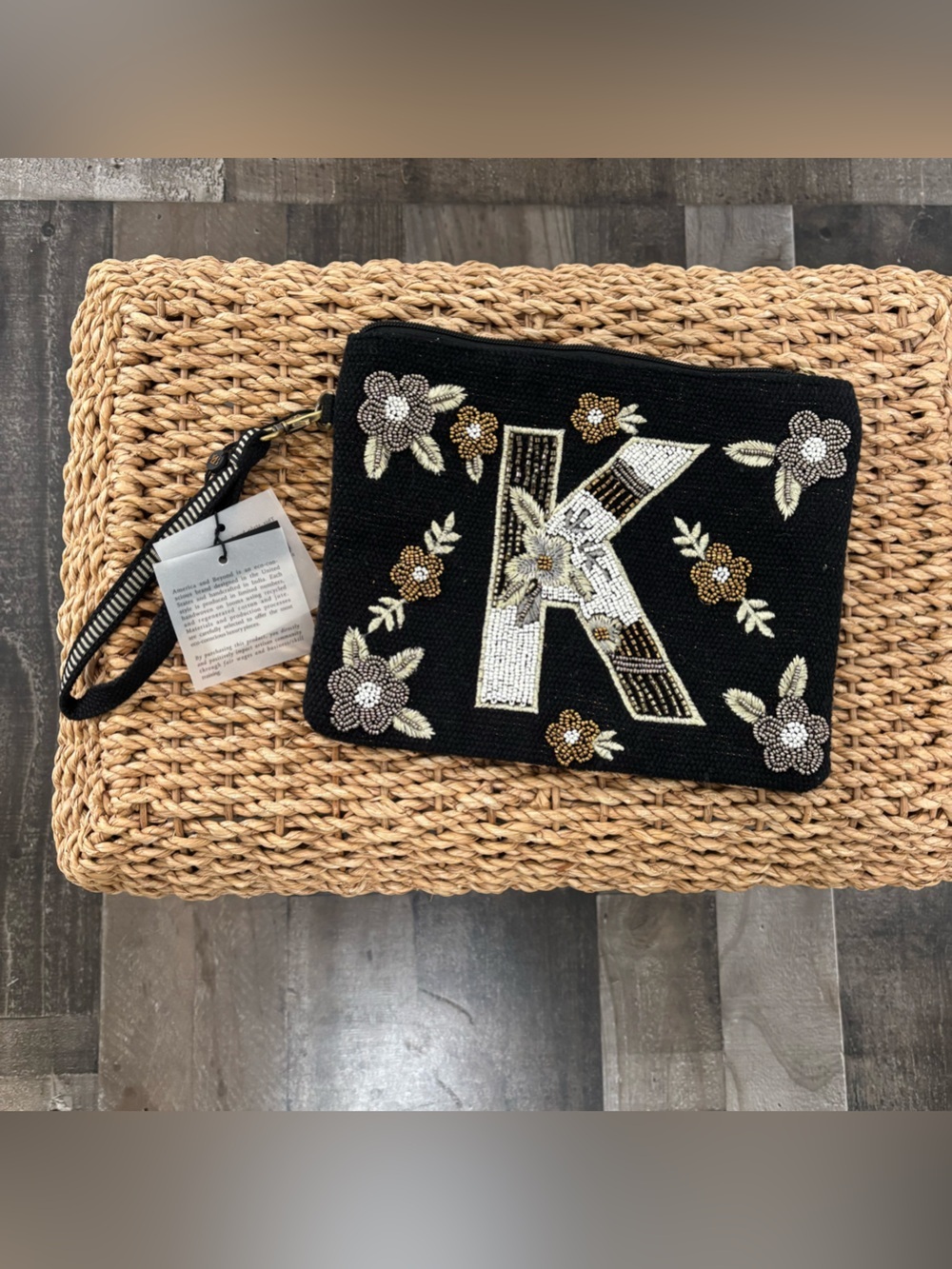 NWT America & Beyond “K” Initial Beaded Wristlet Bag